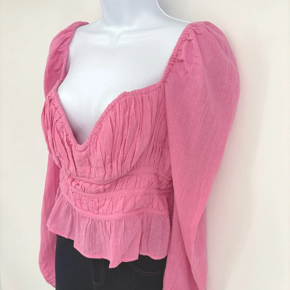Free People Blouse Women M Pink Smocked Puff Sleeve Boho Top Festival Barbiecore